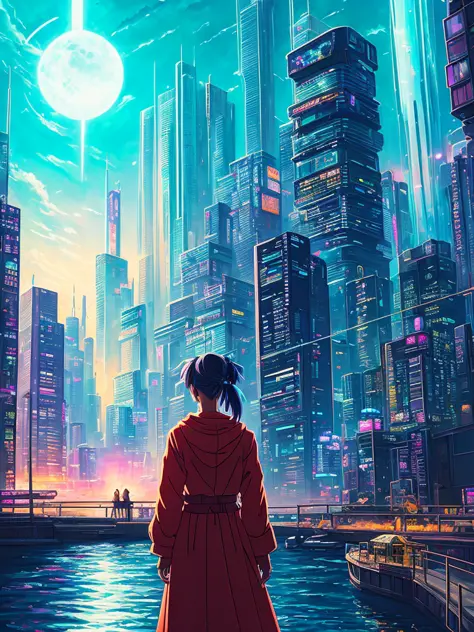 Award winning cyberpunk Studio Ghibli movie poster styled painting, of a woman with a photorealistic face, gazing upon a cityscape from the dockside, with oppressive skyscrapers causing a warm neon glow. The painting is rendered in an animated 90s anime films aesthetic, and the city's inhabitants are suggested through the myriad glass windows of those structures, culminating in a wondrous and otherworldly atmosphere full of depth, 8k uhd, studio quality, ultra realistic, max detail, massive scale, post-processing, realistic, photorealism, photoshop, photography, raytracing, octane render