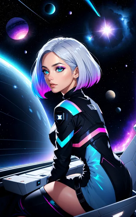 a woman in a futuristic outfit sitting on a spaceship