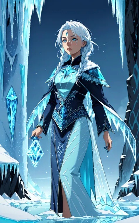 a woman in a blue dress standing in front of a frozen cave