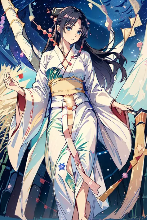 Masterpiece, highest quality, realistic, (((Tanabata: 1.8)))), ((Star Festival: 1.5)), (Orihime in a yukata and waiting for her with long black hair and a large star-shaped hair ornament and looks sideways at the viewer with a lonely expression)))), (((Galactic stars in the dark night sky)), 20 years old, full body, photorealistic, ((leans on bamboo with a large amount of thin colored paper)), calf, barefoot