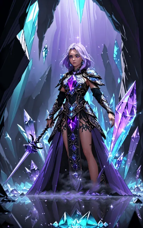 a woman in a purple dress standing in front of a crystal cave