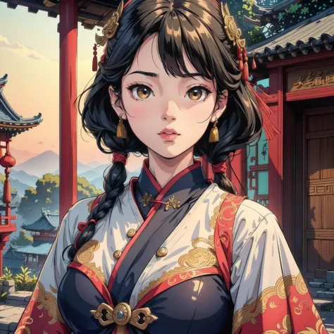 A girl,the sun fell on her body,(masterpiece:1.2),best quality,original,extremely detailed wallpaper,perfect lighting,(extremely detailed CG:1.2),looking at viewer,close-up,upper body,chinese style architecture,wide_shot,