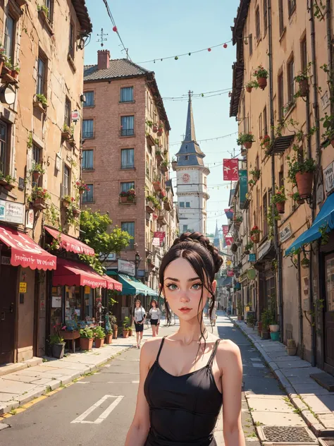 outdoor at noon, on the left 1woman 45yo (Erdélyi Erika:1.3), Cornrows hair, on the right 1woman 45yo (Zuzanna Wieczorek:1.3), French Twist hair do a rub, urban landscape, fossil