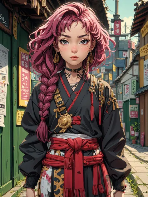 a woman with pink hair and a black outfit standing in a alley