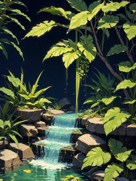 there is a waterfall in the middle of a jungle with rocks and plants