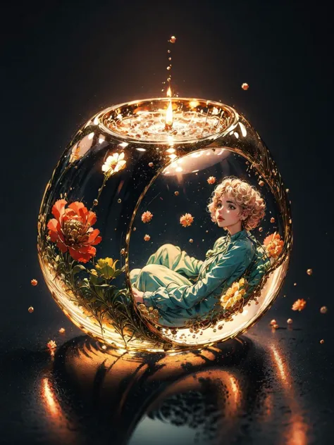 a glass bowl with a child inside of it on a table