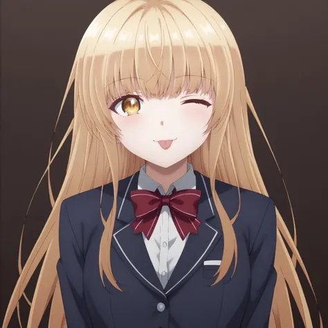 <lora:MahiruShiinaXLpony001>,
smile,tongue out,one eye closed,
solo,
MahiruShiina,1girl,blonde hair,long hair,yellow eyes,
blue blazer,red bowtie,