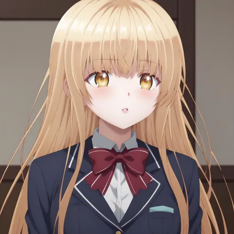 anime girl with long blonde hair wearing a blue suit and red bow tie