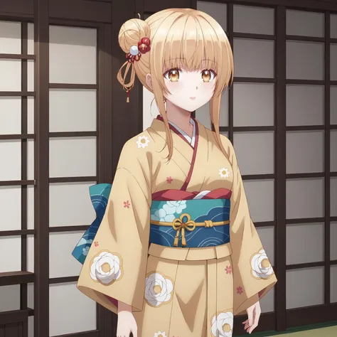 anime girl in kimono outfit standing in front of a door