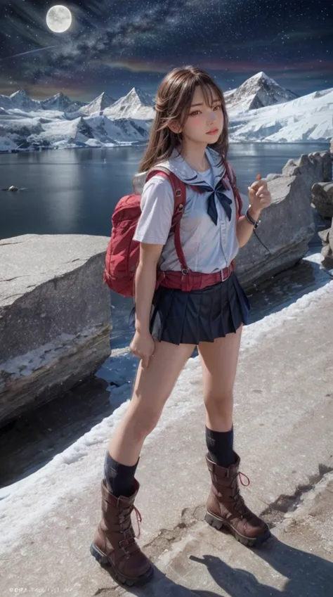 1girl, flat chest, shiny skin, solo, long hair, white hair, blue eyes, serafuku, sailor uniform, sailor collar, ribbon on collar, pleated skirt, miniskirt, black thighhighs, zettai ryouiki, hiking boots, mountaineering boots, gloves, backpack, climbing gear, carabiner, rope, ice axe, climbing pick, holding ice axe, scaling rock face, steep mountain, rocky terrain, blowing snow, blizzard, stormy sky, dark sky, moon, crescent moon, stars, night, full body, climbing, effort, struggling, determined expression, gritted teeth, sweat, wind blowing hair, billowing clothes, freezing temperature, cold, harsh environment, dangerous situation, extreme conditions, survival, Mt. Everest, Himalayan mountains, mountaineering, adventure, challenge, perseverance, masterpiece, best quality, official art, extremely detailed CG unity 8k wallpaper, artbook, real life, instagram, cinematic lighting, high quality shadow, 8k, real picture, intricate details, ultra-detailed, ultra highres, depth field, photorealistic, realistic, ulzzang:0.8, <lora:epi_noiseoffset2:0.3>, <lora:picxer_real:0.35>,