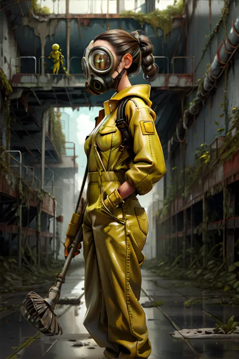 arafed woman in a gas mask and yellow suit holding a broom