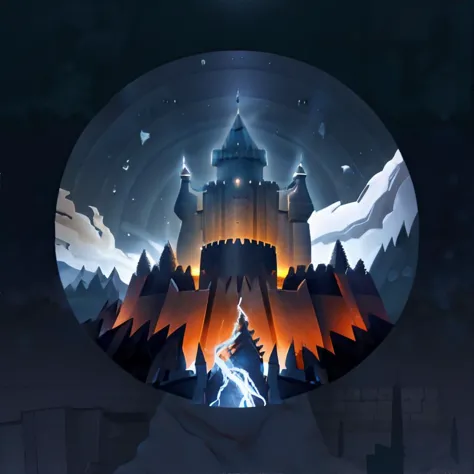 a picture of a castle in a glass ball with a lightning