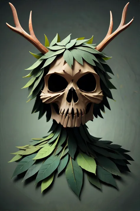 <lora:leafartstyle:0.8>, leafart, simple background, skull, antlers, <clip:skip:2>, masterpiece, 8k, high resolution, shallow depth of field, sharp focus