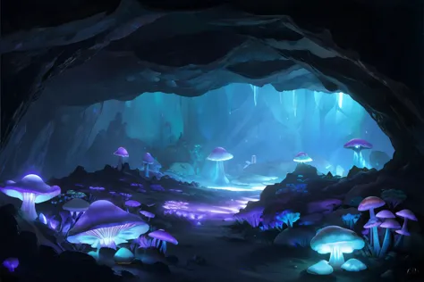 dark cave deep underground, bioluminescent mushrooms, glowing flowers, stalactites, stalagmites, vast underground cavern, magical aura, volumetric lighting, atmospheric shadows || rock, crystals, mushrooms, bioluminescence, masterpiece, 8k, high resolution, shallow depth of field, sharp focus