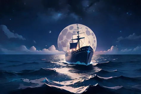 a boat floating in the ocean with a full moon in the background