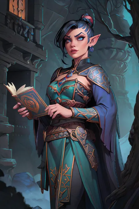 <lora:advanceddandd-wolfsystems:0.8>, advdnd2023, book cover, novel illustration, advanced dungeons and dragons, halfling woman, Assassin, Undercut with geometric patterns hairstyle, wearing Nymph-like draped tunics, Icebound Castle || <lora:advanceddandd-wolfsystems:0.2>, advdnd2023, illustration, advanced dungeons and dragons, person, skin, hair, clothing, masterpiece, 8k, high resolution, shallow depth of field, sharp focus