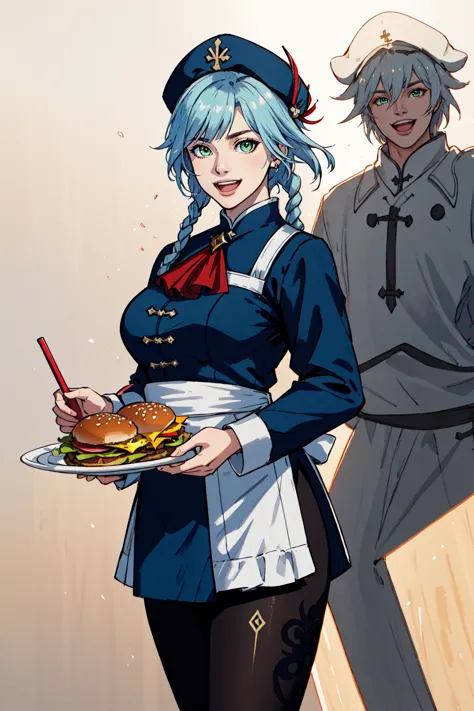 anime character holding a plate of food with a hamburger on it