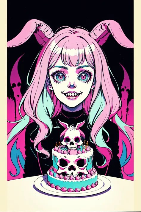 official art, unity 8k wallpaper, ultra detailed, beautiful and aesthetic, High quality, beautiful, masterpiece, best quality, (zentangle, mandala, tangle, entangle:0.6), flat color, limited palette, low contrast, a cute girl serving cake to demons, pink, bright pastel colors, kawaii, (horror), eerie, rabbit skull, goat skull, in hell, creepy, demons, claws, best lighting  LoFiFilter