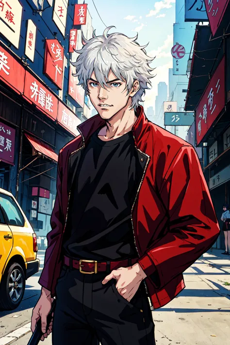 anime guy in red jacket standing on street with gun in hand