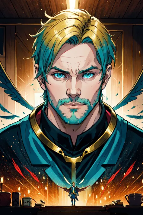 Child's Finger Painting of a pewdiepie, a man who's heritage crosses the germanic tribes, american male, solo, 1boy, male focus, with feather wings holding a ring, in the style of light turquoise and light gold, simplified and stylized portraits, undefined anatomy, goblin academia, detailed facial features, 2d game art, 15th century, except it's someone with multiple personality disorder, and is extremely dissociated, dazed, confused with background indoors , cinematic hd 4k 8k highly detailed trending artstation Pixelate Symmetrical Macabre at night