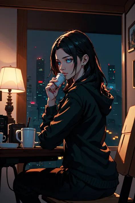 anime girl sitting at a table with a cup of coffee