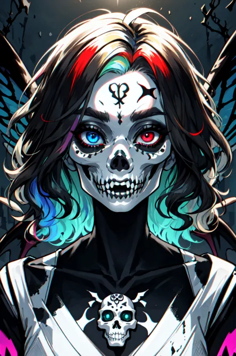 a close up of a woman with a skull face and a cross on her chest