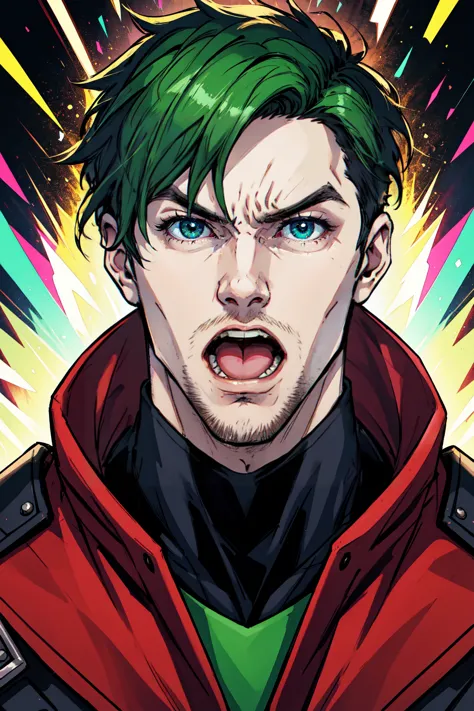 a man with green hair and a red jacket is looking at the camera