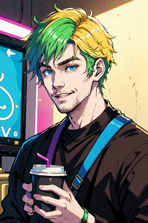 Sean McLoughlin, Jacksepticeye, Irish Youtuber, solo portrait, he's at his home, there's a neon sign behind him, he's streaming on youtube, drinking coffee, singing happily, "Top o' the morning to ya lads!" he says.