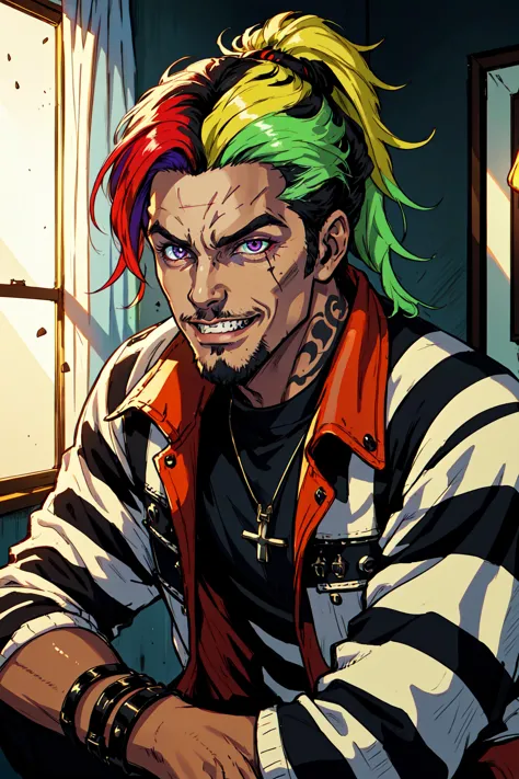 Beetlejuice, official art, 1boy, male focus, solo, (demonic, ((tan, dark skinned male, mexican heritage, )), semi realistic, demonic, shiny skin, textured skin), holographic eyes, heterochromia, purple eyes, facial hair, stubble, fluffy hair, long hair, ponytail, hair tied up, forehead, striped jacket, striped shirt, two tone hair, streaked hair, multicolored hair, red hair, green hair, wild hair, evil scene, teeth, side lighting, ray tracing, depth of field, solo, extreme light and shadow, masterpiece, post apocalyptic, sexy, beautiful, scary, rich in detail, (detailed eyes), (handsome), detailed, (dirt splotches), (horror theme), (beetlejuice), detailed eyes, (dynamic angle), (masterpiece), (best quality), (ultra-detailed), (best illustration), (best shadow), rim lighting, beetlejuice, ((Beetlejuice)), crazy grin, crazy expression, in the style of dehya from genshin impact, tattoo, poltergeist vibes, horror scene, specular reflection, official art, specular highlights, ((except that he's gay and he's trying to flirt with you)), illustrative comic book art, ((flamboyant male with mexican heritage, he's got stubble and he's not shaven in a few days, he's got a very flamboyant but scary expression)), ((he's likely got native american or indian heritage and has fairly dark skin)), emo punk vibes, ((nuclear wasteland style fallout 4 abandoned house, indoors))