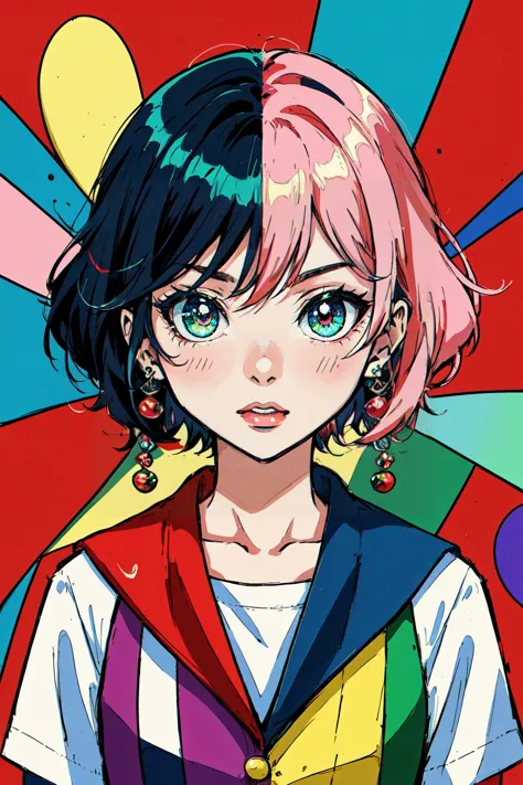 a girl with pink hair and a colorful jacket