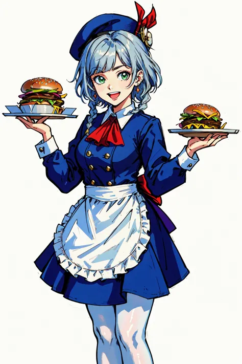 official art, unity 8k wallpaper, ultra detailed, beautiful and aesthetic, High quality, beautiful, masterpiece, best quality, (zentangle, mandala, tangle, entangle:0.6), 1girl, burger, official alternate costume, food, green eyes, white pantyhose, smile, hat, solo, pantyhose, uniform, bangs, cup, looking at viewer, employee uniform, tray, disposable cup, long sleeves, simple background, short hair, braid, apron, french fries, :d, open mouth, holding, blunt bangs, grey hair, drinking straw, beret, plate, ascot, large breasts, cola, bow, sidelocks, black headwear, ((Genshin Impact)),  NoiseFilter