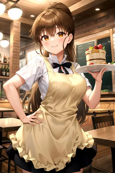 anime girl in a restaurant holding a plate with a cake on it