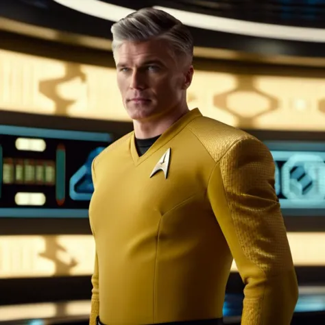 cinematic film still cinematic photo close-up portrait of , <lora:captain_pike-000002:1.1> captain_pike, man, 4K resolution, Starfleet uniform, confident gaze, futuristic background, yellow t-shirt uniform, (space-themed imagery), (detailed textures), (photo-realistic rendering), (commanding presence), (vivid colors), (dynamic lighting)    . 35mm photograph, film, bokeh, professional, 4k, highly detailed . shallow depth of field, vignette, highly detailed, high budget Hollywood movie, bokeh, cinemascope, moody, epic, gorgeous, film grain, grainy