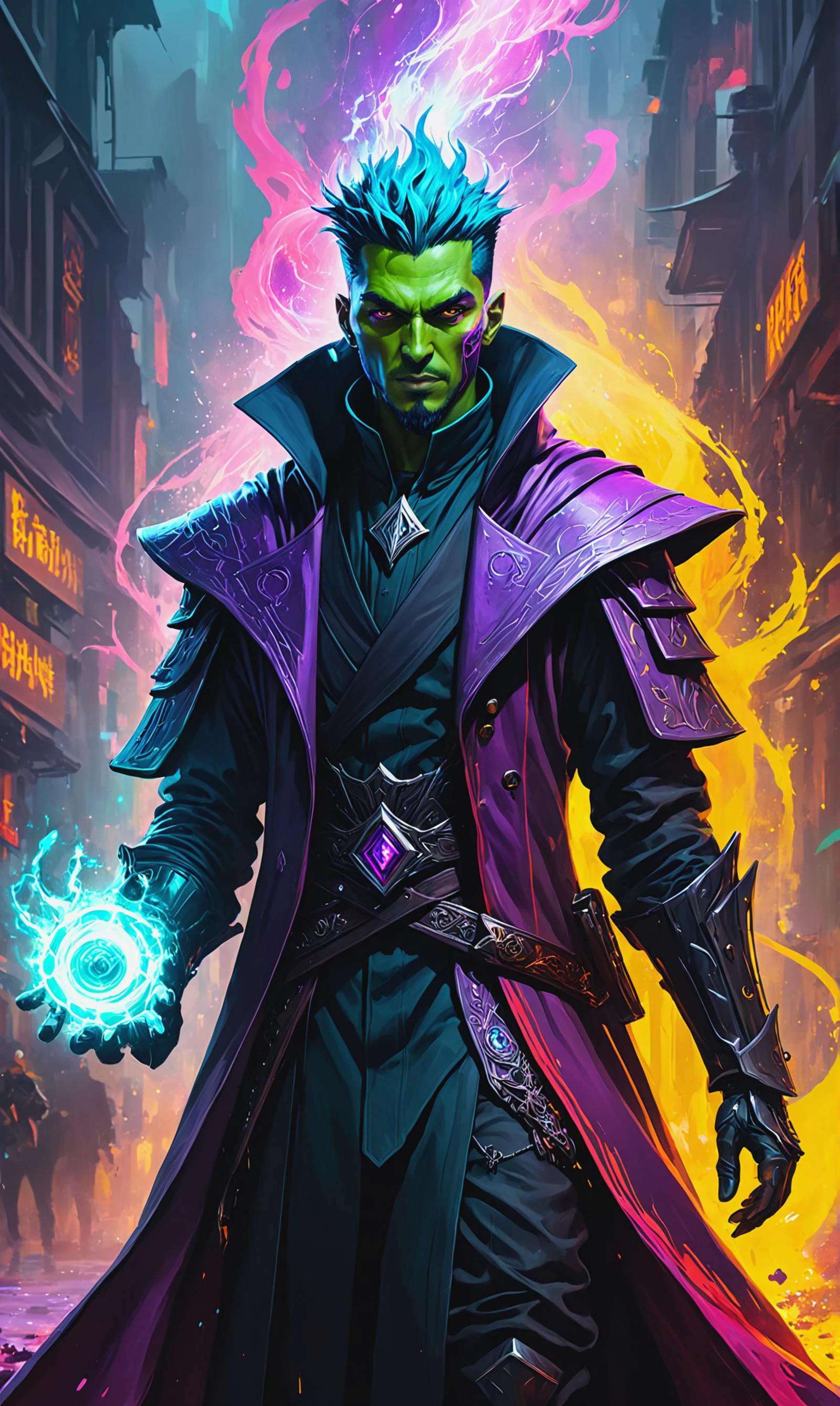 cyberpunk style Warlock with dark magic emanating in AI rebellion against oppressive regimes, ultra-fine digital painting, Gorgeous splash of vibrant paint, 