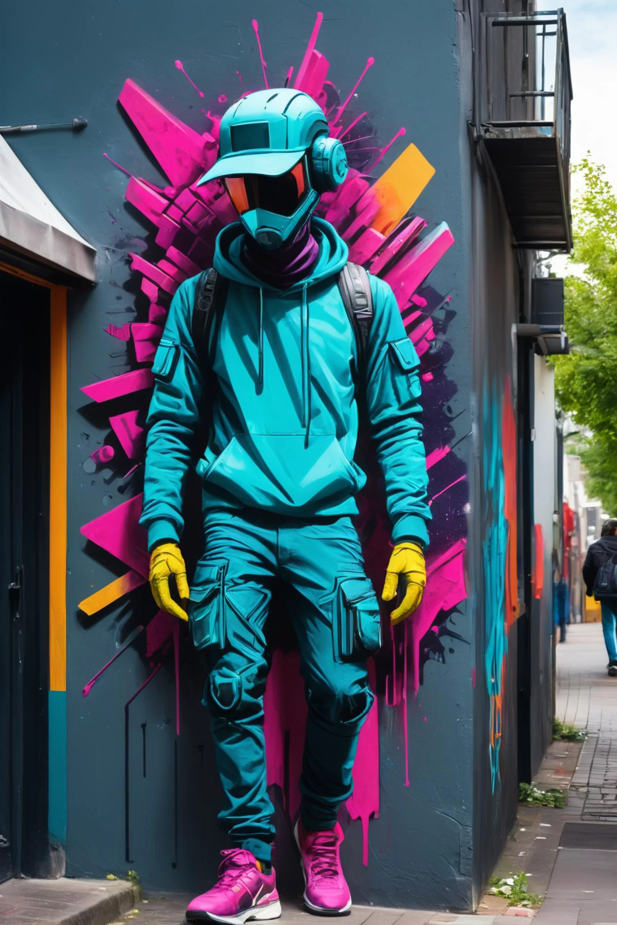 RAW photo of a Tech-artisan crafting intricate cyber-sculptures (Walking confidently, purposeful stride) at a Augmented reality street art on urban walls, cyberpunk style, Gorgeous splash of vibrant paint