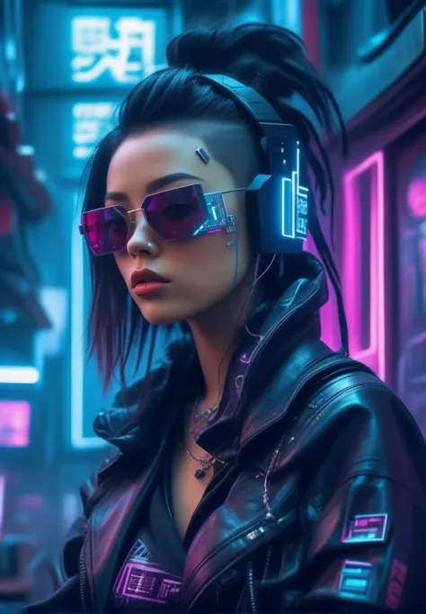 1girl, black hair, black jacket, cyberpunk, cyberpunk style, depth of field, headphones, indoors, jacket, jewelry, leather, leat...