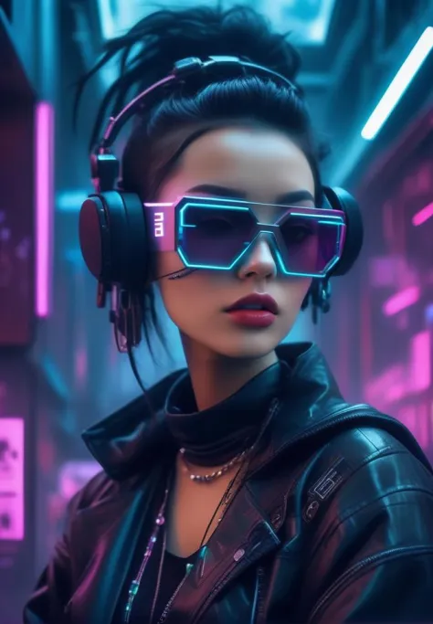 1girl, black hair, black jacket, cyberpunk, cyberpunk style, depth of field, headphones, indoors, jacket, jewelry, leather, leat...