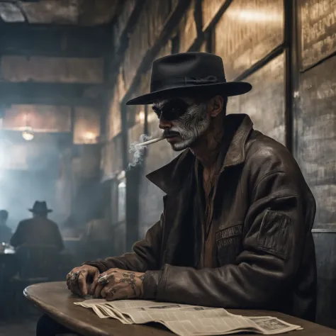 A mysterious man wearing a hat sitting at a far far away table in a rundown bar while reading newspaper and smokes at the same time, smooky room, 