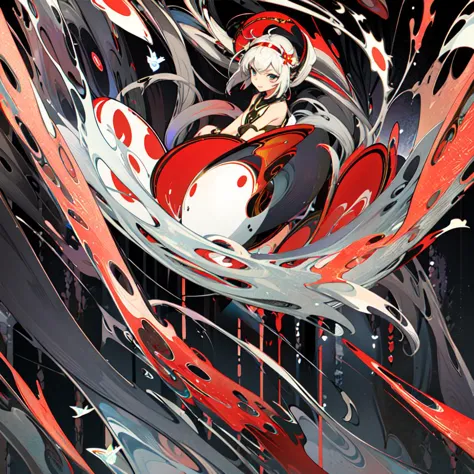 anime character with red and black paint splashing on her face