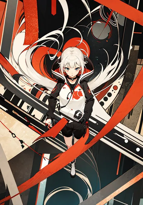 anime character with white hair and black and red outfit standing on a clock