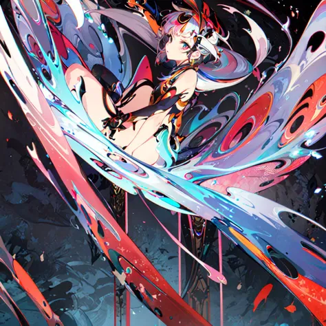 anime girl with long hair and colorful hair flying through the air