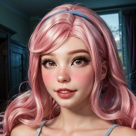 <DI_belle_delphine_v1:1> belle delpine, pink air, ((photorealistic)) , plastic wig  <lora:more_details:0.6><lora:DI_belle_delphine_v1:1.0>