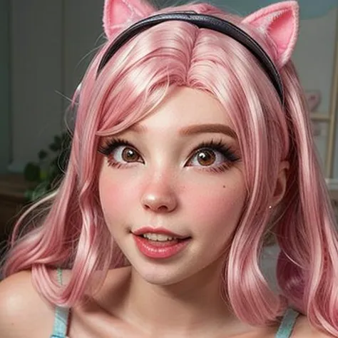 arafed girl with pink hair and cat ears wearing a headband