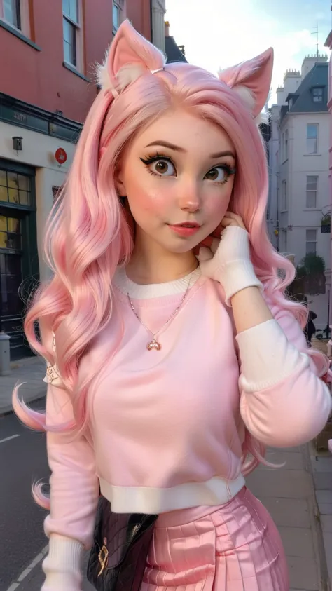 Belle Delphine,a photo of a woman in a pink sweater walking down a city street with pink hair,cityscape,pink pleated skirt,day,perfect lighting,cat ears,skin tight,