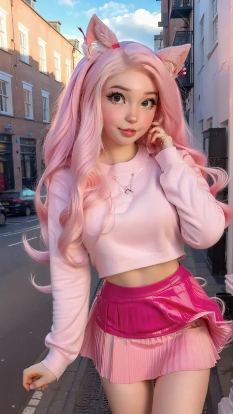 <lora:DI_belle_delphine_sdxl_v1:1>,Belle Delphine,a photo of a woman in a pink sweater walking down a city street with pink hair,cityscape,pink pleated skirt,day,perfect lighting,cat ears,skin tight,