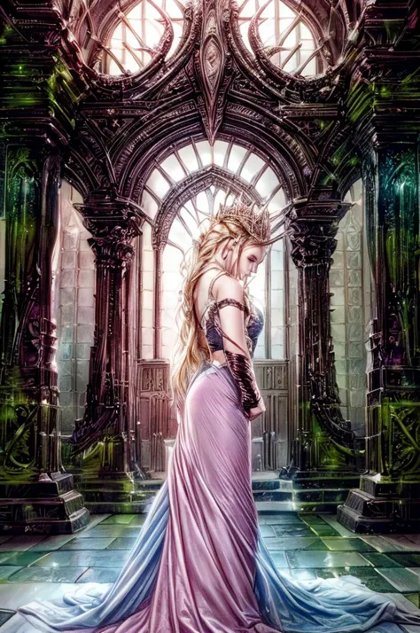 Pintura obra maestra, Buen trabajo,
foto analógica realista, foto premiada,
cabeza a la vista,  luis royo,
Princesa Peach, pelo rubio, blue eyes, pelo largo, corona, vestido, joya, guantes, pink vestido, puffy mangas cortas, mangas hinchadas, mangas cortas, white guantes
looking at viewer, actitud altiva, mira entendimientos, pose imponente, piernas cruzadas, brazos apoyados en el reposabrazos del trono,
salón del trono sombrío, trono amenazante con espinas, araña encendida, bajo podest,  ambiente oscuro, galería de estatuas de gárgolas, columnas corintias,
vampirism, vampiro, colmillos, Piel pálida,
Alta calidad, crujiente, afilado, nivel profesional, alta resolución, buen detalle, colores precisos, ruido bajo, velocidad de obturación rápida, amplio rango dinámico, Enfoque preciso, CRUDO, alta resolución, 8K, HD, Alto rango dinámico, mapeo de tonos, crujiente details, royo ,
alta resolución, 8K, HD, Alto rango dinámico, mapeo de tonos, crujiente details,  detalles intrincados, buen detalles