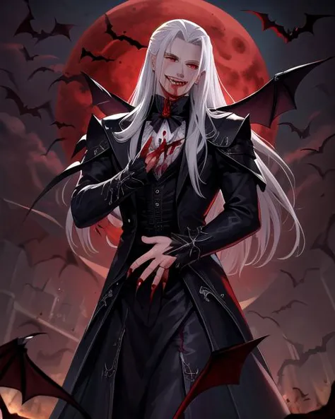 a woman in a black coat and red eyes standing in front of a full moon