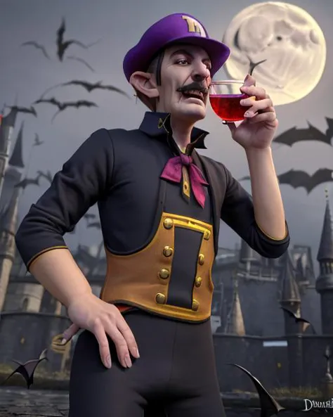 best quality, masterpiece, highres, detailed, perfect anatomy, <lora:Style - add_detail:0.1>, vampirism, <lyco:Traits - Vampirism:0.8>,  1 vampire boy with fangs and claws with pale skin and victorian clothing drinking blood at night, bats and moon in the background, magic: the gathering, fantasy, digital art, monster boy, 3D render, waluigi,  <lora:Character - Waluigi2:0.7>, waluigi hat, bloody shirt