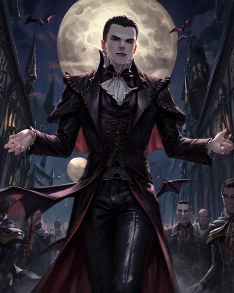 a man in a vampire costume standing in front of a full moon