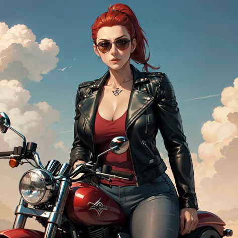 1girl, milf, mature female, biker, leather jacket, motorcycle, sunglasses, windy, red hair, ponytail, muscular female, tattoo, c...